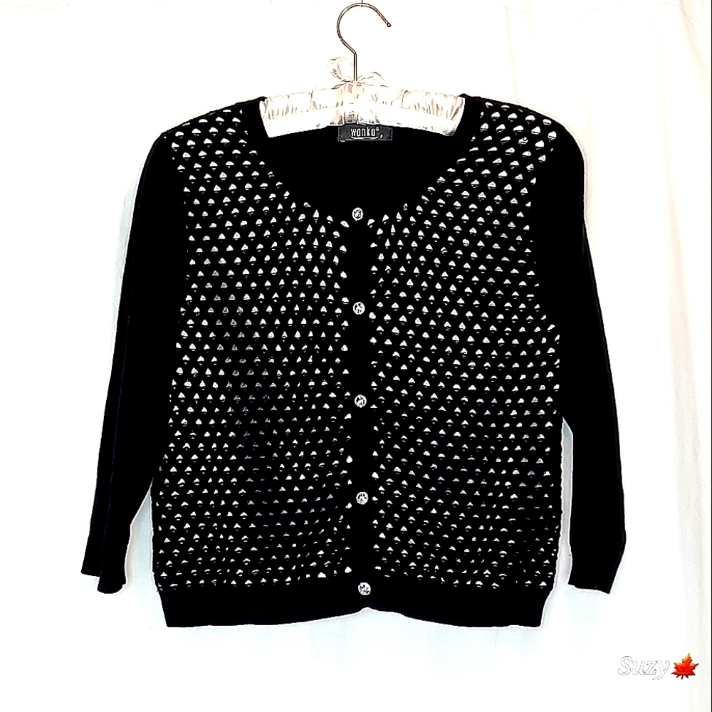 "Diamond Buttons" Down Front, Black Knit Cardigan, White Underlay in Front